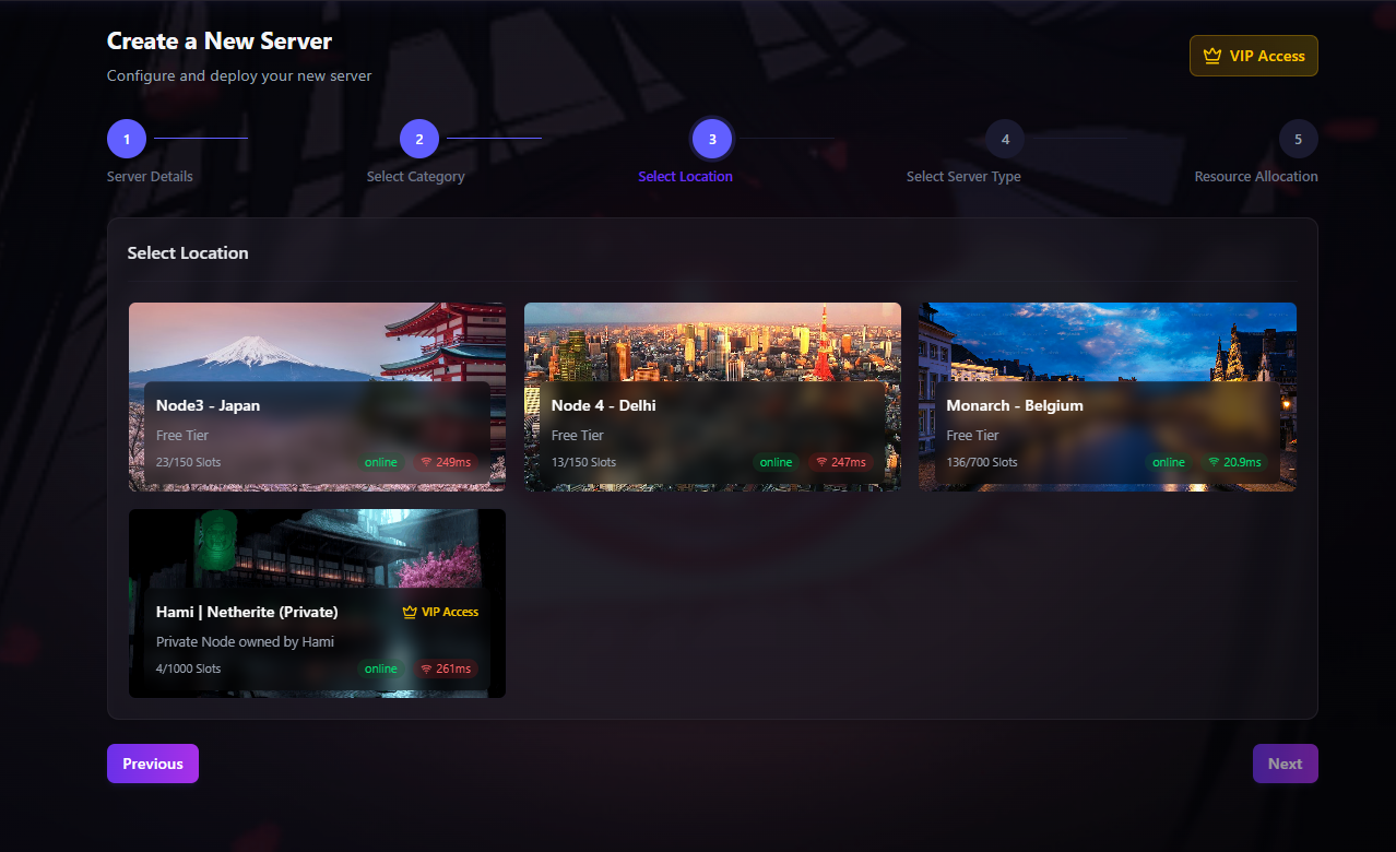 Server location (node) selection screen